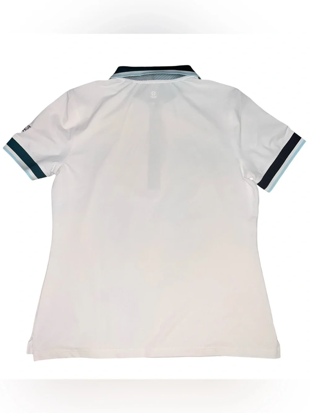 G/FORE White Polo Shirt with Teal and Navy Trim Womens Golf Short Preppy Small - Picture 6 of 7